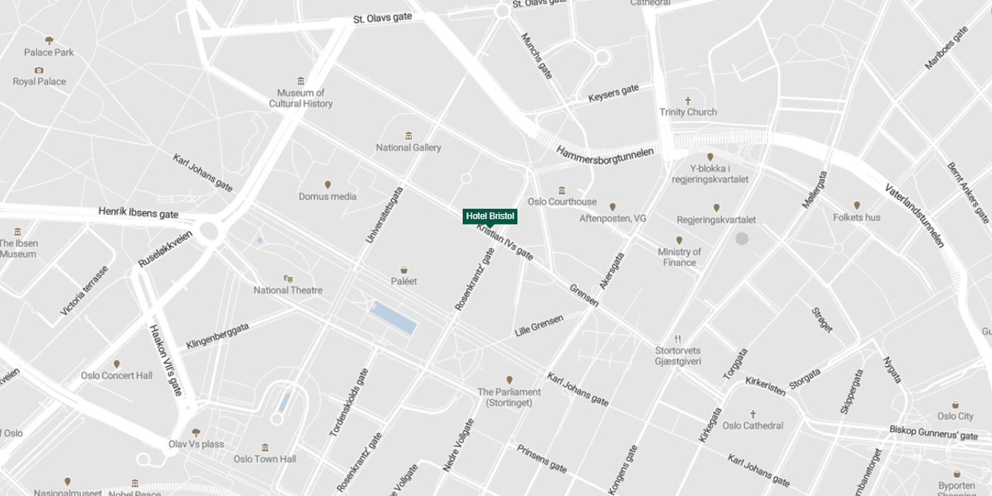 Kart over Oslo sentrum med markør på Hotel Bristol
