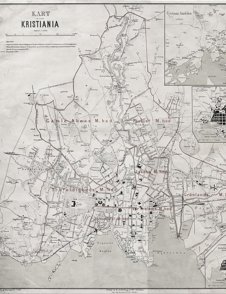 Svart-hvitt kart over Kristiania