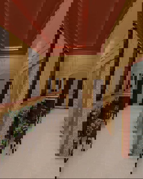 Illustrasjon av gang før bassengrom.