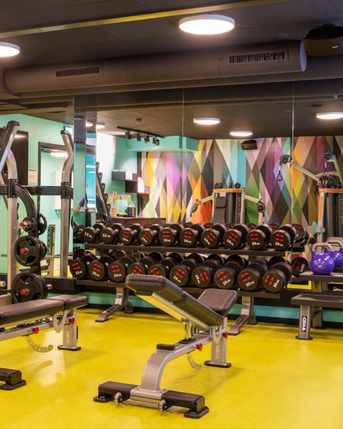Treningsrom med manualer, vekter og romaskin foran et stort speil på Hotel Bristol i Oslo.